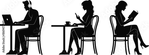 Silhouettes of people sitting in cafe, man working on laptop with headphones, woman using phone and girl reading book, vector illustration isolated.