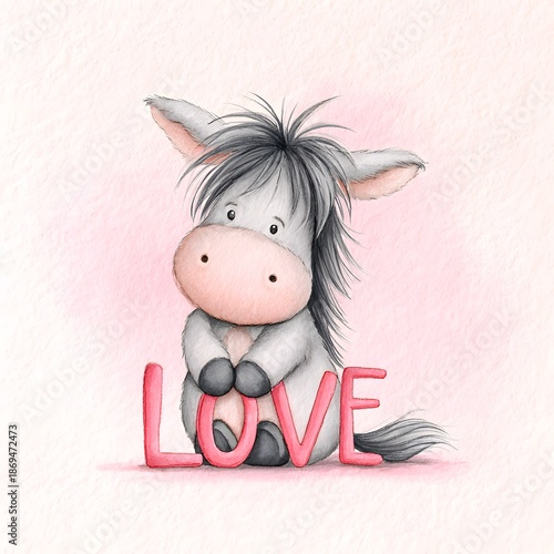 Cute Baby Donkey Character Illustration with Love Text on Pink Textured Background, Sweet Greeting Card Design for Valentines Day