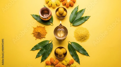 Vibrant Diwali celebration setup with traditional Indian items on yellow background