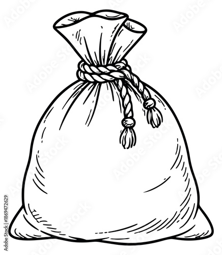 Hand drawn line art illustration of a sack depicting a securely tied bag for goods and finance