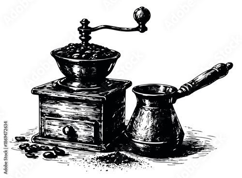 Hand drawn line art coffee equipment set featuring a vintage coffee grinder, cezve, coffee beans, and grounds for cafe menu design