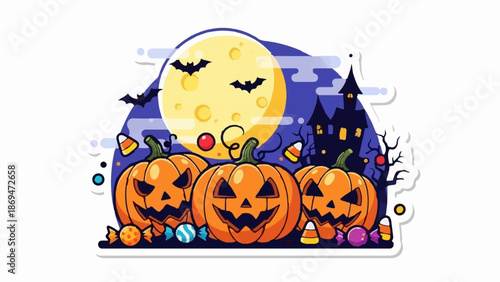 Spooky Halloween scene with carved pumpkins, bats, haunted mansion, and full moon