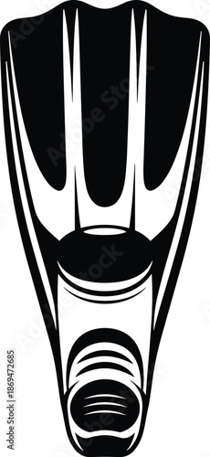 Swim fin top view, diving gear vector, black and white illustration, snorkeling equipment, water sport accessory, symmetrical blade design, aquatic training tool