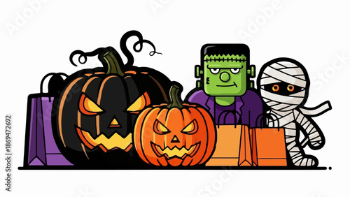 Spooky Halloween characters, pumpkins and shopping bags, vector illustration