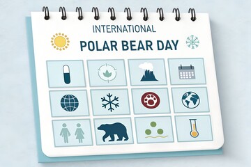 International Polar Bear Day marked on a desk calendar featuring various conservation and climate related icons underscoring the urgent need for worldwide environmental protection efforts.