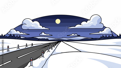 Snowy road under a full moon