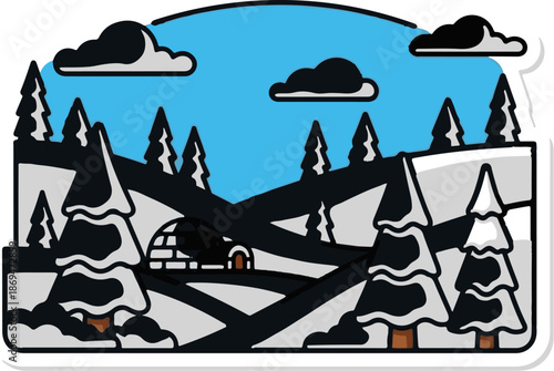 Snowy landscape with an igloo, pine trees, and clouds under a blue sky