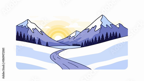 Snowy mountain pass with a winding road towards a bright, setting sun