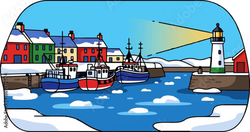 Snowy harbor with boats and a guiding lighthouse beam under a clear sky