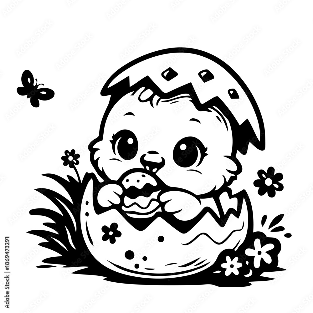 Fototapeta premium Osterküken im Osterei mit Eierschalenhut Outlines Icon