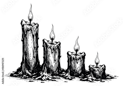 Hand drawn line art candle set featuring flickering flames and melting wax for halloween or gothic designs