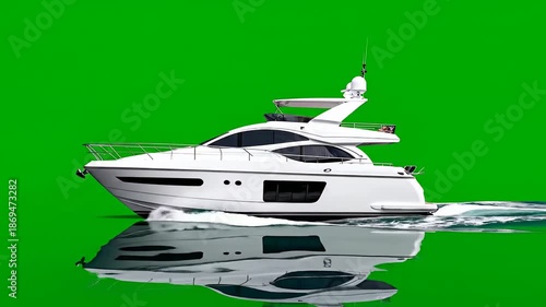 Sleek white luxury yacht moving dynamically, leaving a wake on a green screen background