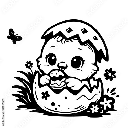 Osterküken im Osterei mit Eierschalenhut Outlines Icon