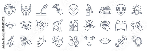 Beauty Senior Rituals line icon set. Facial massage, gua sha, under-eye patch, scalp care, serum dropper, anti-aging cream, sun protection outline vector illustrations. Signs for skincare routines.