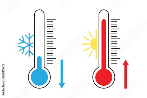 Thermometer temperature up and down icon. Hot and cold temperature thermometers.