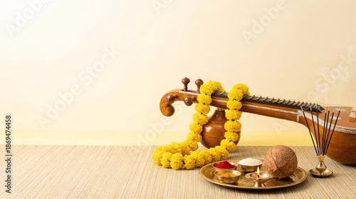 Traditional Indian sitar with marigold garland and puja items on mat