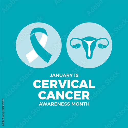 January is Cervical Cancer Awareness Month poster vector illustration. Teal and white cancer awareness ribbon and uterus icon set. Female reproductive health symbol. Template for background, banner