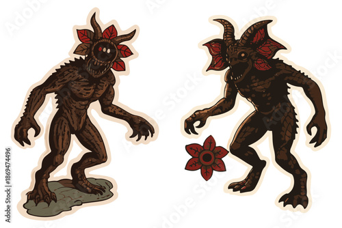 Vector illustration of a mystical monster from a dark parallel world. A fantastic creature with an aggressive silhouette and creepy details made in the style of science fiction and horror. For posters