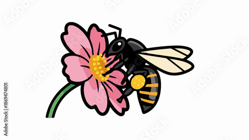 Stylized bee collecting nectar from a pink flower