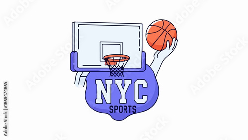 Stylized basketball hoop with ball and hand, NYC Sports logo
