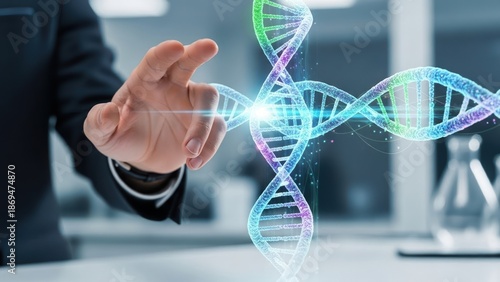 Closeup Businessman Hand interacting with virtual DNA helix, representing biotechnology, medical research, genetic innovation, and life science business
