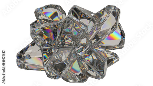 Cluster of sparkling clear crystals with rainbow refractions, isolated on transparent background