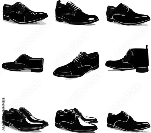 Isolated a kinds of deferent realistic modern smart leather shoes vector art silhouette with white background.