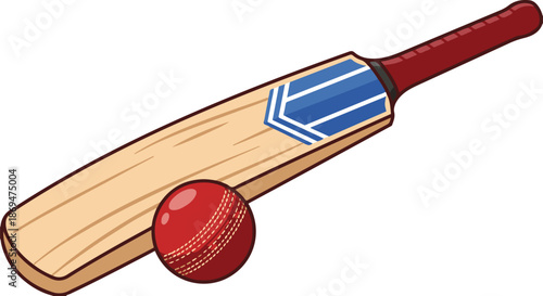 Wooden cricket bat and red leather ball, sports equipment vector illustration isolated on white background.