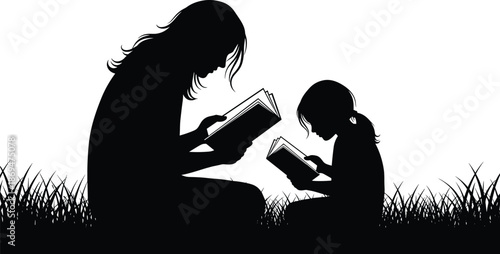 Adult and child reading, grass silhouette, black vector, family bonding, education theme, outdoor learning, literacy concept, peaceful moment, parenting illustration