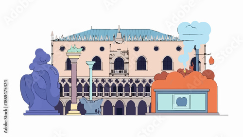 Stylized architectural building with sculptural elements and smoke