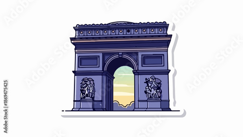 Stylized architectural archway with ornate sculptures and a sunset sky backdrop