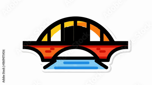 Stylized arched bridge over blue water with red and orange tones
