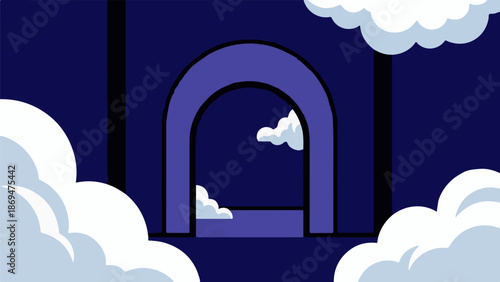Stylized arched gateway with clouds against a dark blue night sky