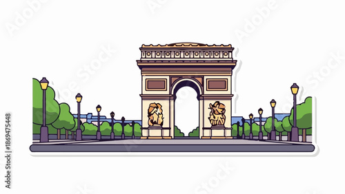 Stylized arch monument with statues, lampposts, and trees