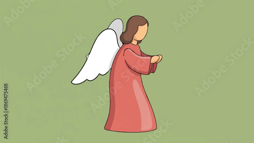 Stylized angel with brown hair, white wings, and a salmon pink robe