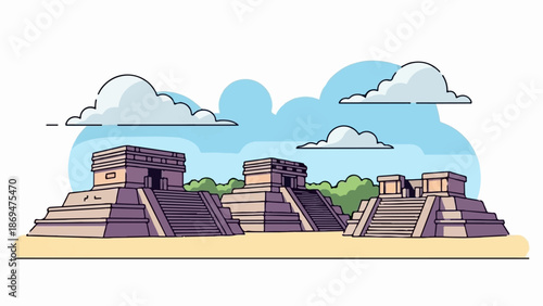 Stylized ancient pyramids stand on sandy ground under a bright blue sky with fluffy clouds