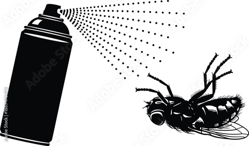 Black silhouette of aerosol spray can spraying insecticide on a dead fly, pest control and insect repellent concept isolated on white background