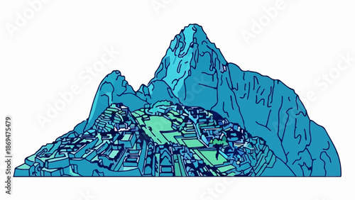 Stylized ancient ruins nestled within a vast mountainous landscape, rendered in shades of blue and green