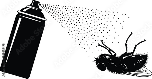 Black silhouette of aerosol spray can spraying insecticide on a dead fly, pest control and insect repellent concept isolated on white background