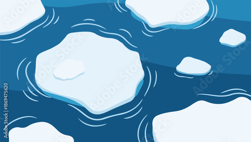 Stylized abstract arctic scene with floating icebergs on deep blue water