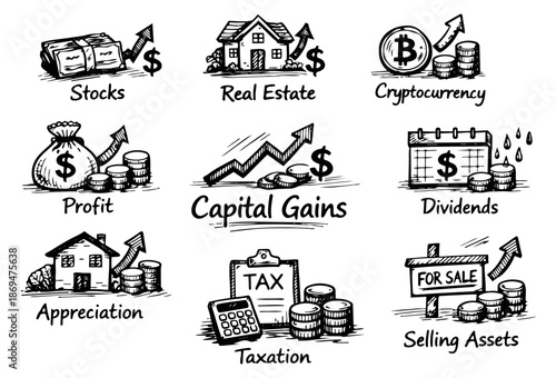 Hand drawn line art financial concept icons set featuring investment and income generation for economic planning