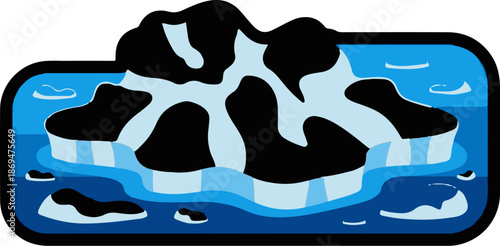 Stylized, abstract iceberg with black and light blue sections floating in dark blue water