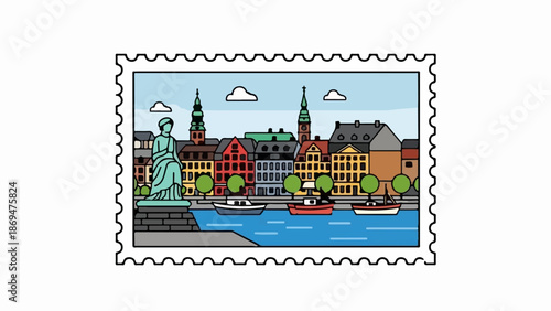 Stamp-like illustration of a picturesque harbor scene with historic buildings and boats