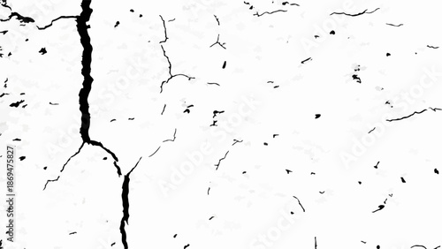 Stark, abstract black lines and irregular shapes on a stark white background, suggesting cracking or erosion