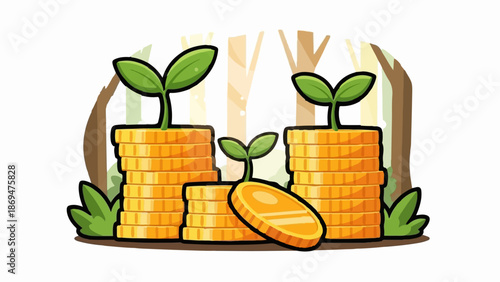 Stacks of gold coins with sprouts growing from them, set against a blurred forest background