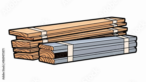 Stacked timber and metal planks, banded for storage