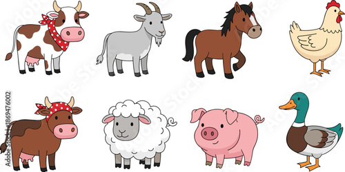 Cute Farm Animals Illustration, cow goat horse chicken sheep pig duck set, flat vector cartoon livestock isolated white background designCute Farm 