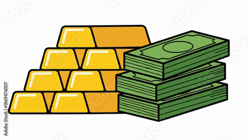 Stacked gold bars and bundles of cash represent wealth and financial accumulation
