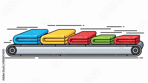 Stacked, folded textiles of various colors move along a conveyor belt
