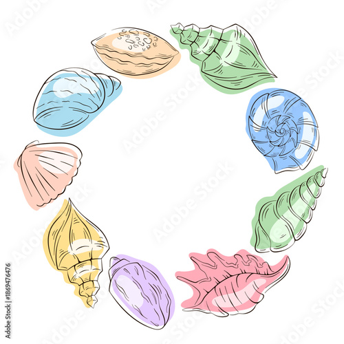 Colorful seashell wreath in flat style isolated on a white background.